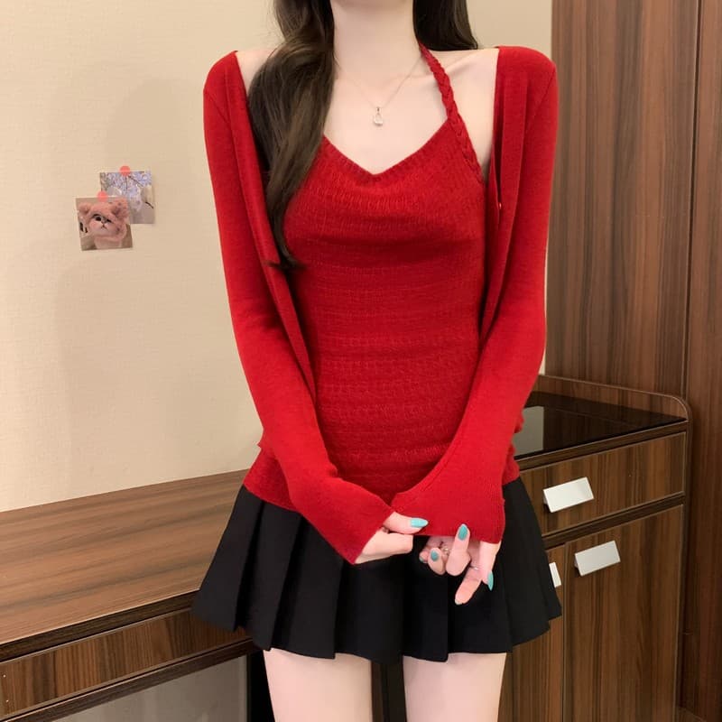 실사 정가 이른 가을 새로운 한 부서 부드러운 슬림해 보이는 꽈배기 행침 목 조끼 단색 오픈 가디건 투피스 세트 세트 상세 이미지 10