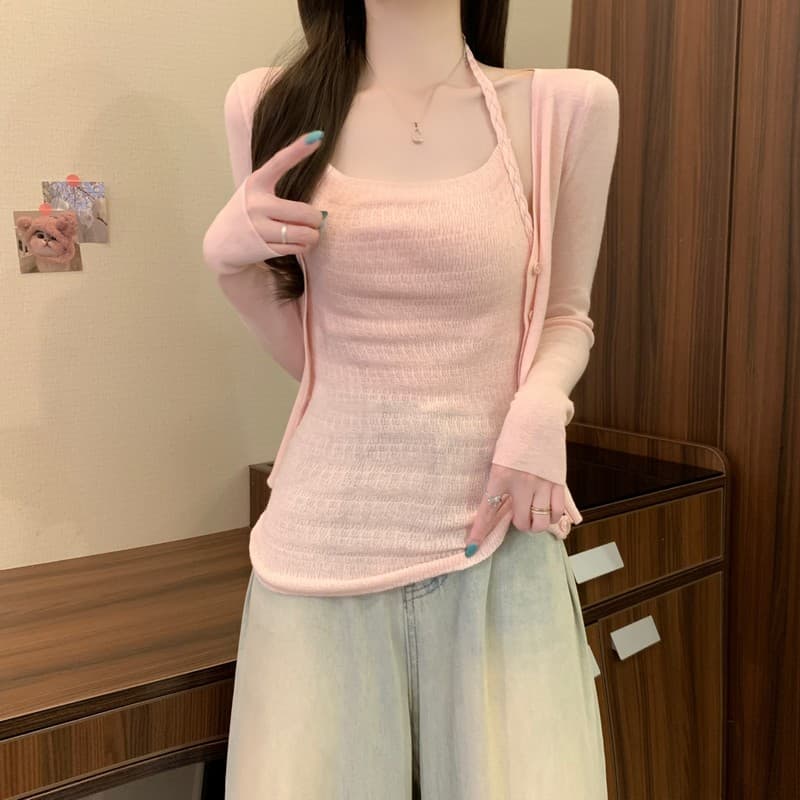 실사 정가 이른 가을 새로운 한 부서 부드러운 슬림해 보이는 꽈배기 행침 목 조끼 단색 오픈 가디건 투피스 세트 세트 상세 이미지 16
