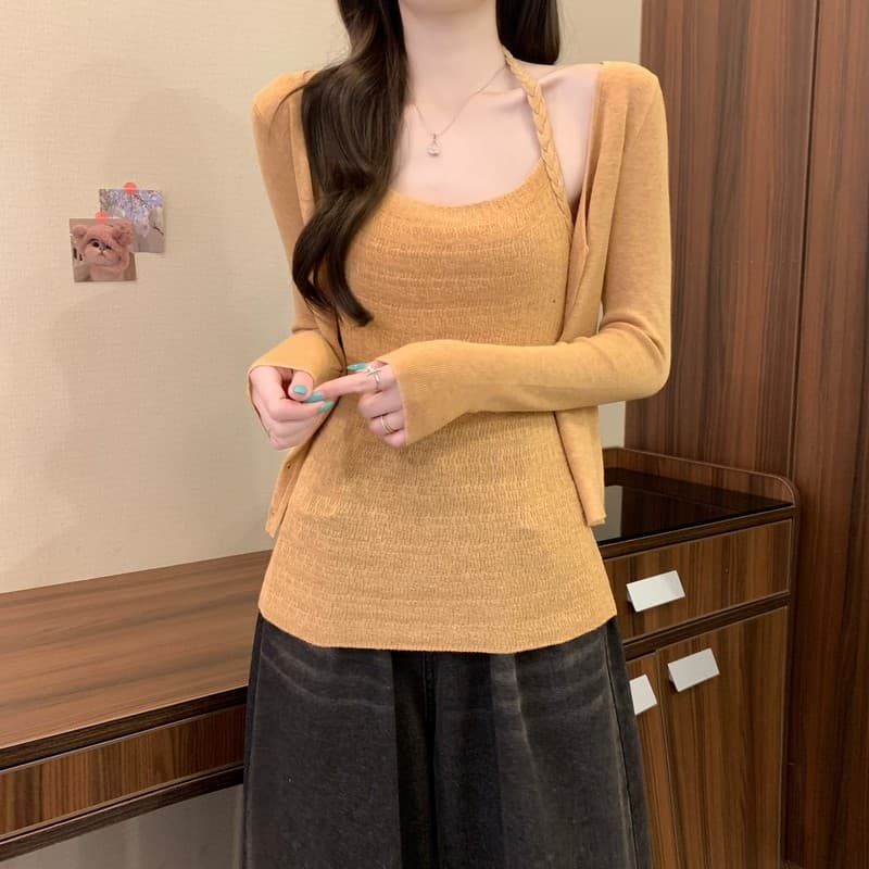 실사 정가 이른 가을 새로운 한 부서 부드러운 슬림해 보이는 꽈배기 행침 목 조끼 단색 오픈 가디건 투피스 세트 세트 상세 이미지 20