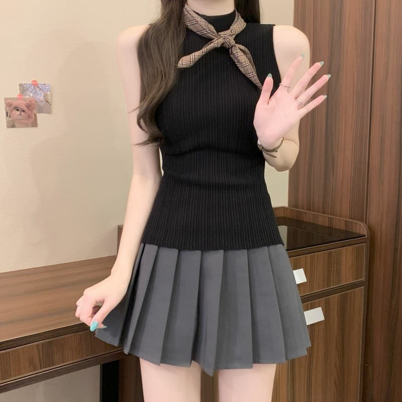 실사 정가 이른 가을 새로운 한국 스타일 디자인 센스 품격 작은 대중 다용도 단색 니트 민소매 조끼 스카프 상세 이미지 30