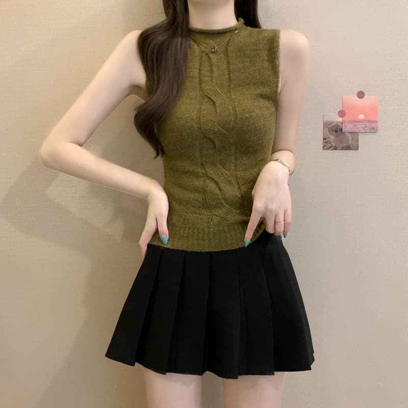 실사 정가 이른 가을 새로운 한국 스타일 마이크로 터틀넥 꽈배기 품격 다용도 쇼트 스타일 패션 민소매 니트 맨위 이미지 3