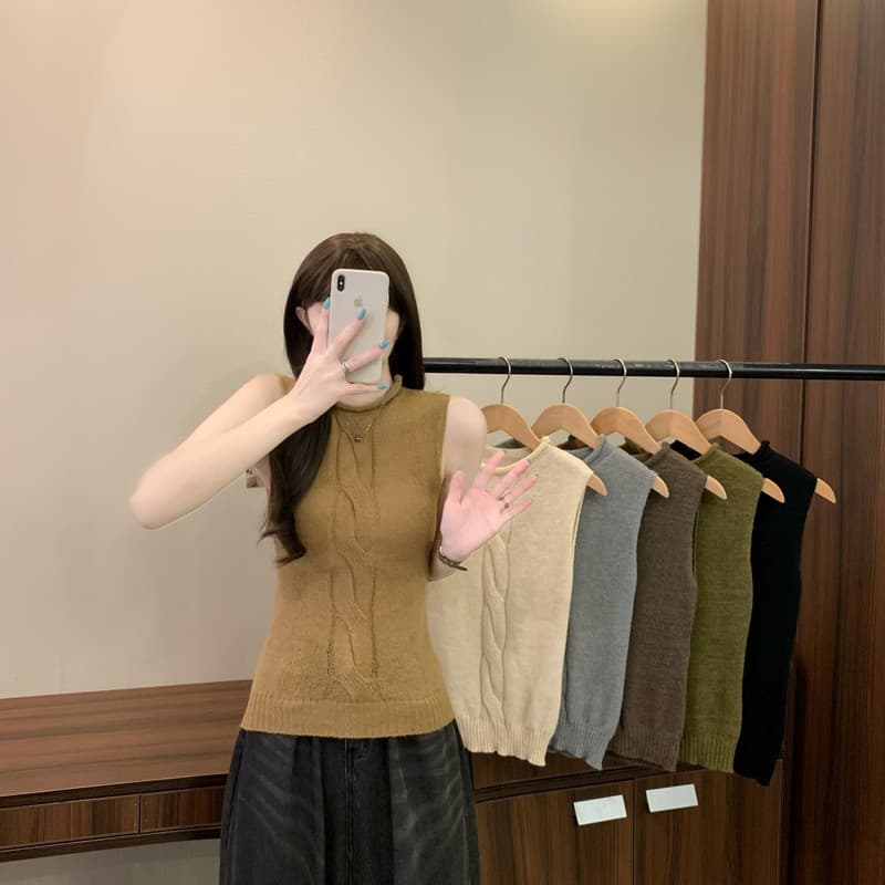 실사 정가 이른 가을 새로운 한국 스타일 마이크로 터틀넥 꽈배기 품격 다용도 쇼트 스타일 패션 민소매 니트 맨위 상세 이미지 2