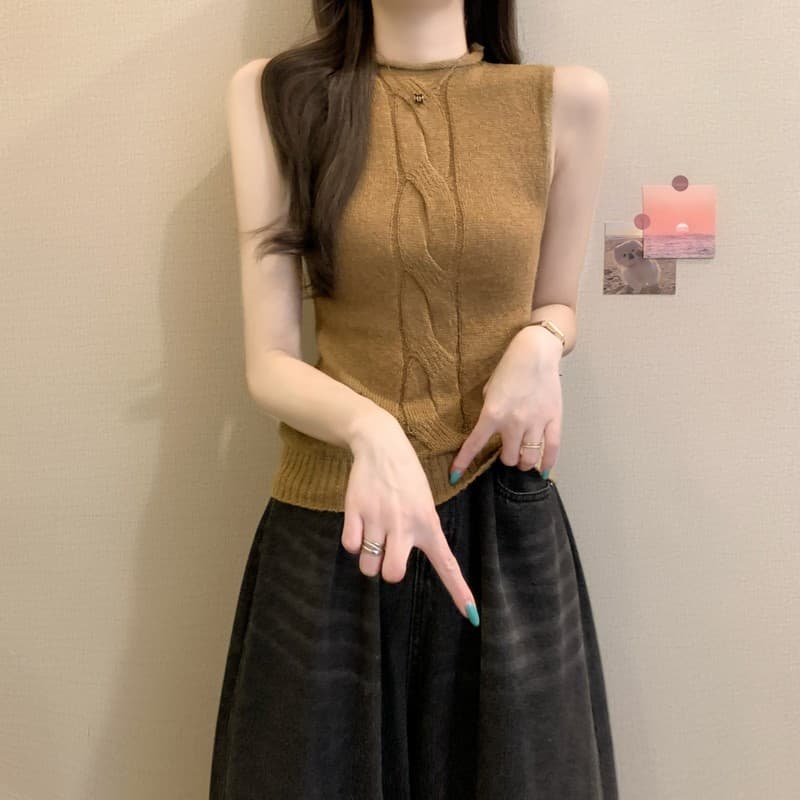 실사 정가 이른 가을 새로운 한국 스타일 마이크로 터틀넥 꽈배기 품격 다용도 쇼트 스타일 패션 민소매 니트 맨위 상세 이미지 14