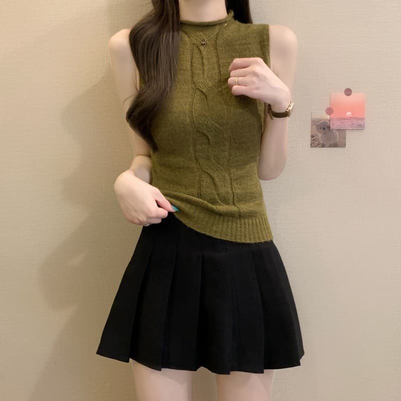 실사 정가 이른 가을 새로운 한국 스타일 마이크로 터틀넥 꽈배기 품격 다용도 쇼트 스타일 패션 민소매 니트 맨위 상세 이미지 19