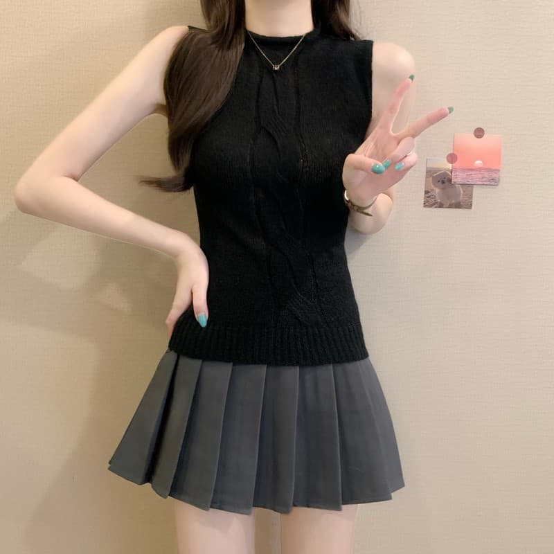 실사 정가 이른 가을 새로운 한국 스타일 마이크로 터틀넥 꽈배기 품격 다용도 쇼트 스타일 패션 민소매 니트 맨위 상세 이미지 34