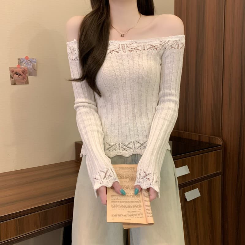 실사 정가 이른 가을 새로운 한 부서 오프숄더 고급 센스 수공 자수 홀로우 아웃 긴팔 쇼트 스타일 니트 스웨터 상세 이미지 2