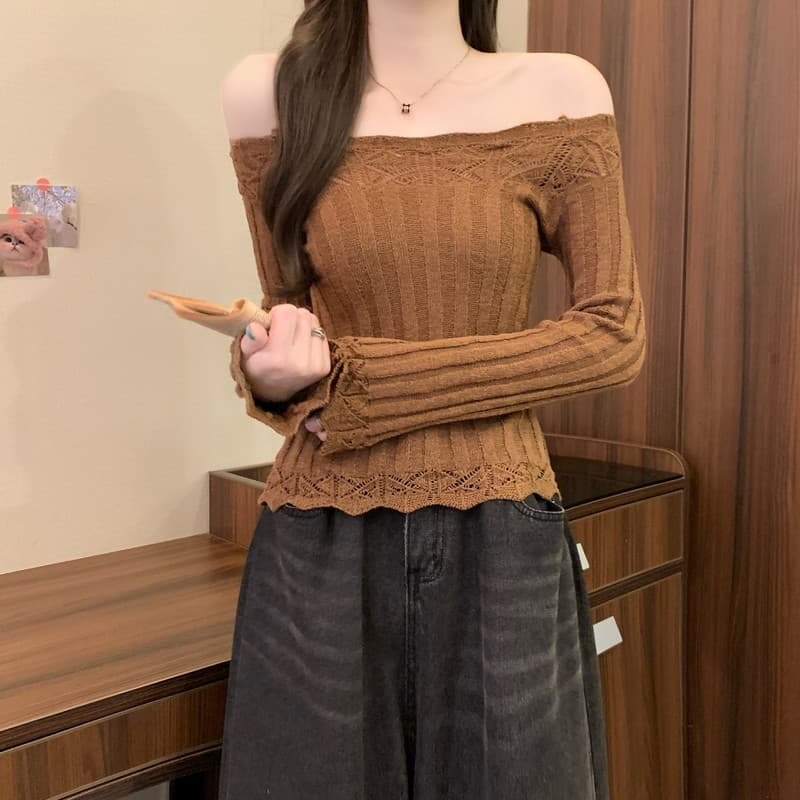 실사 정가 이른 가을 새로운 한 부서 오프숄더 고급 센스 수공 자수 홀로우 아웃 긴팔 쇼트 스타일 니트 스웨터 상세 이미지 13