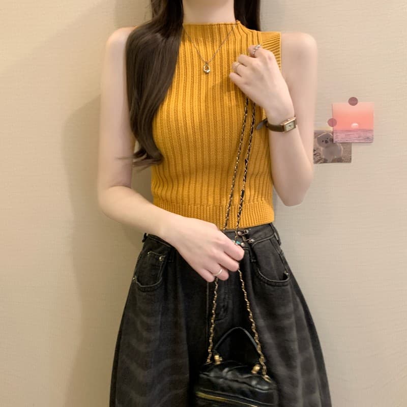 실사 정가 이른 가을 새로운 한국 스타일 다용도 반하이넥 몸매 가꾸기 슬림해 보이는 쇼트 스타일 민소매 니트 조끼 맨위 상세 이미지 18