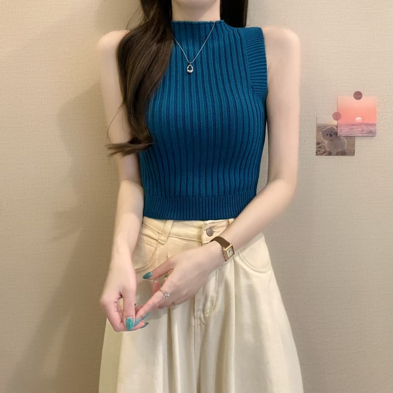 실사 정가 이른 가을 새로운 한국 스타일 다용도 반하이넥 몸매 가꾸기 슬림해 보이는 쇼트 스타일 민소매 니트 조끼 맨위 상세 이미지 22