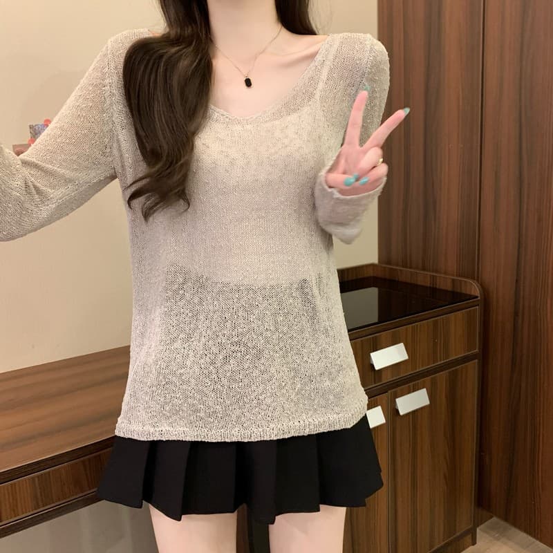실사 정가 이른 가을 새로운 한국 스타일 홀로우 아웃 금사 질감 마이크로 ~을 통해 루즈핏 가을 어깨 V넥 긴팔 니트 맨위 상세 이미지 14