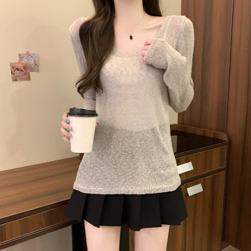 실사 정가 이른 가을 새로운 한국 스타일 홀로우 아웃 금사 질감 마이크로 ~을 통해 루즈핏 가을 어깨 V넥 긴팔 니트 맨위 상세 이미지 16