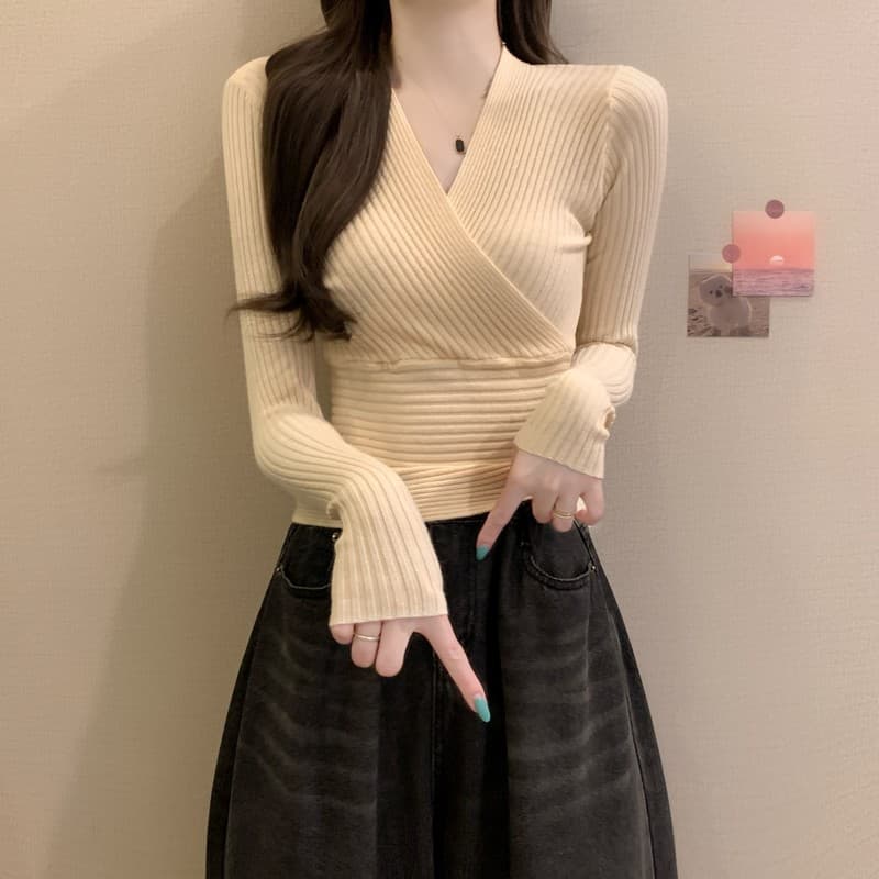 실사 정가 이른 가을 새로운 한 부서 다용도 낮은 가슴 순수한 욕망 허리 수축 슬림해 보이는 리브 십자가 V넥 쇼트 스타일 맨위 상세 이미지 19
