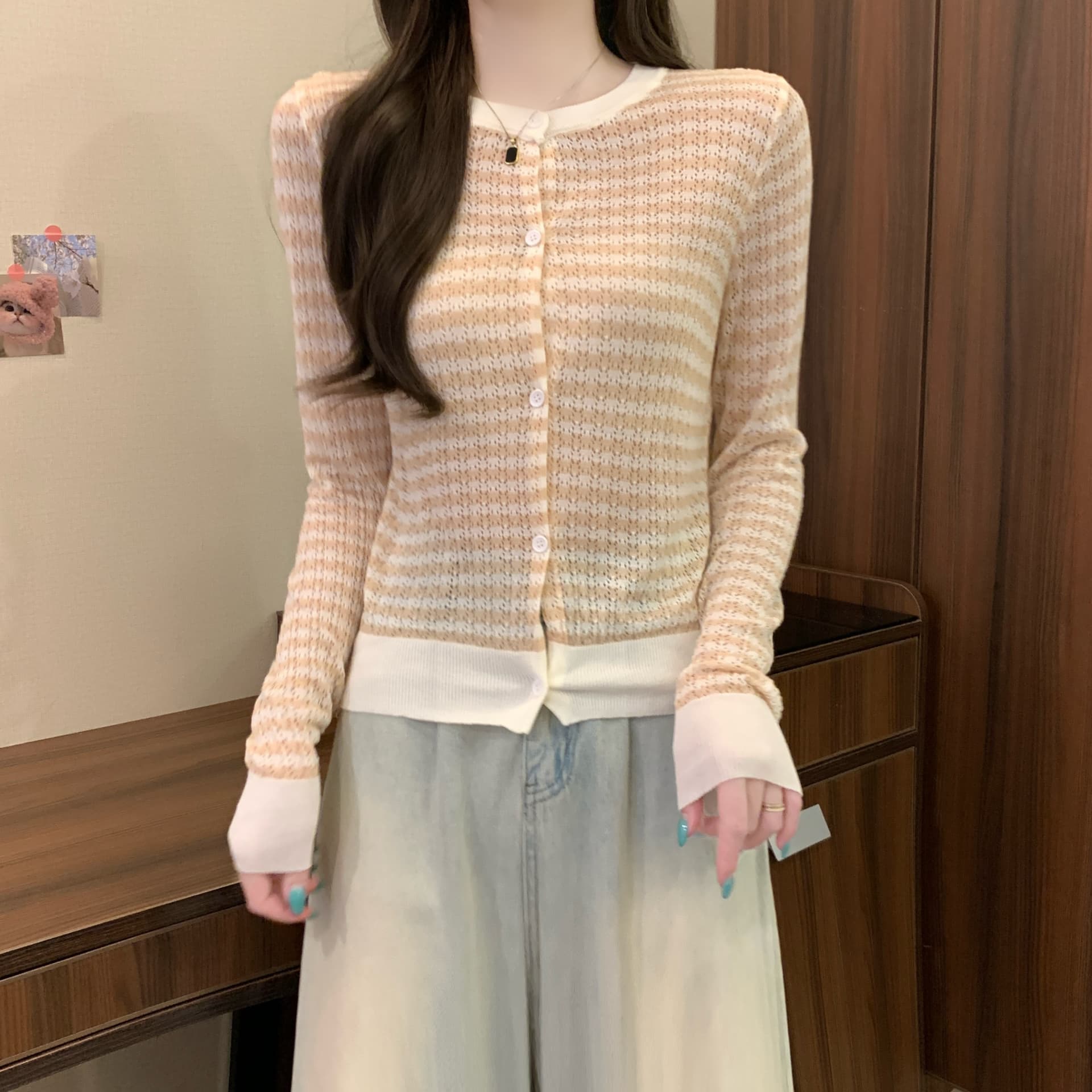 실사 정가 이른 가을 새로운 부드러운 바람 프로 피부 차가운 센스 라이 경기 서울 캐주얼 품격 슬림해 보이는 다용도 스트라이프 오픈 가디건 상세 이미지 6