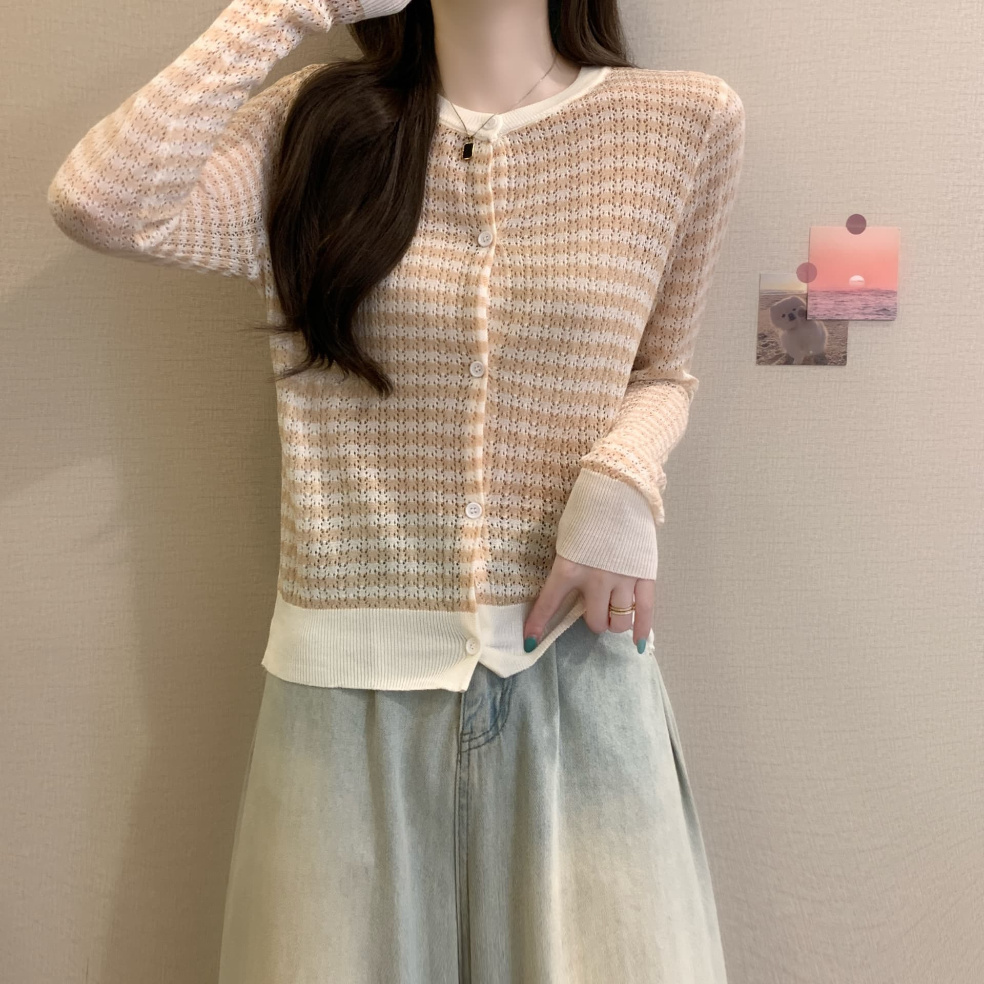 실사 정가 이른 가을 새로운 부드러운 바람 프로 피부 차가운 센스 라이 경기 서울 캐주얼 품격 슬림해 보이는 다용도 스트라이프 오픈 가디건 상세 이미지 7