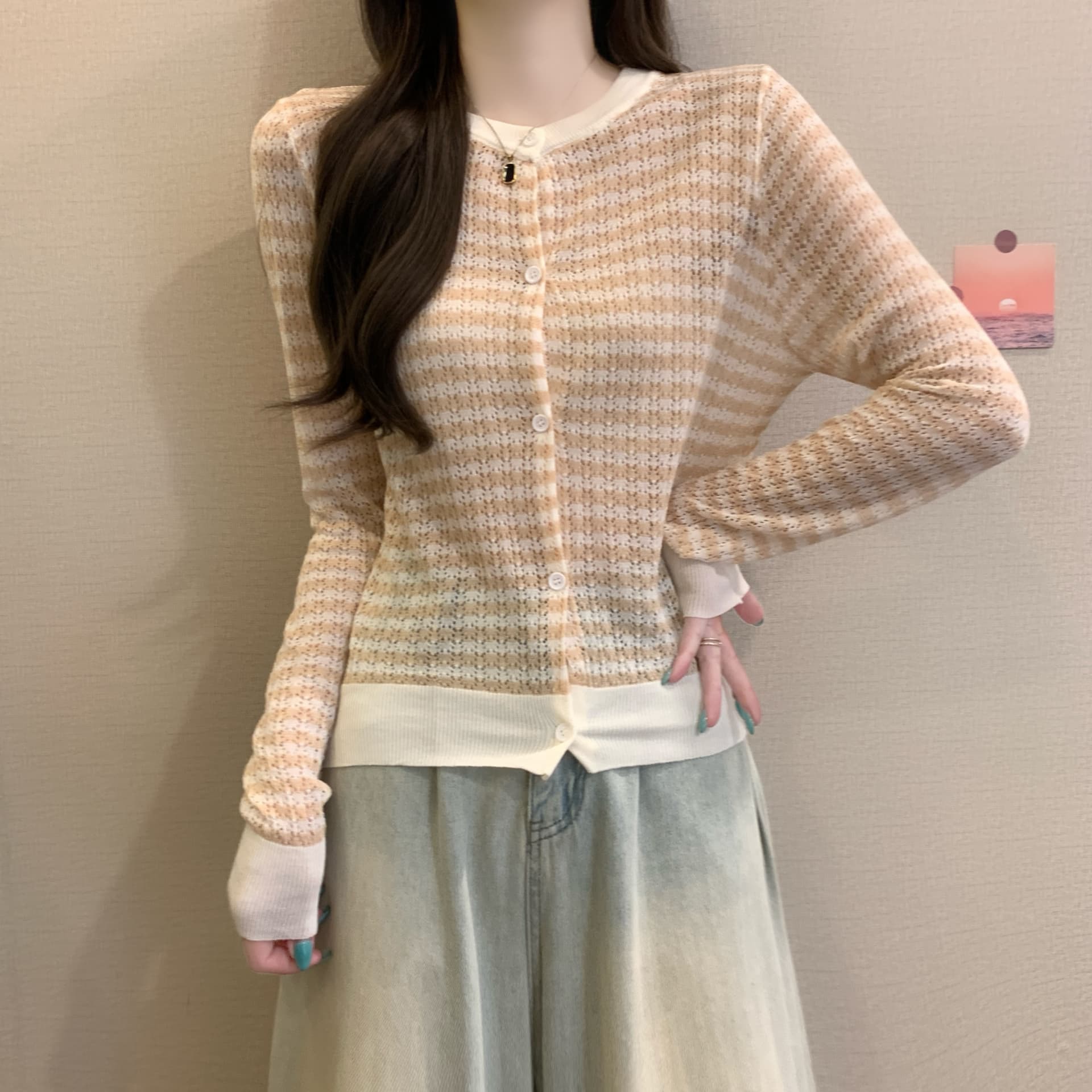 실사 정가 이른 가을 새로운 부드러운 바람 프로 피부 차가운 센스 라이 경기 서울 캐주얼 품격 슬림해 보이는 다용도 스트라이프 오픈 가디건 상세 이미지 8