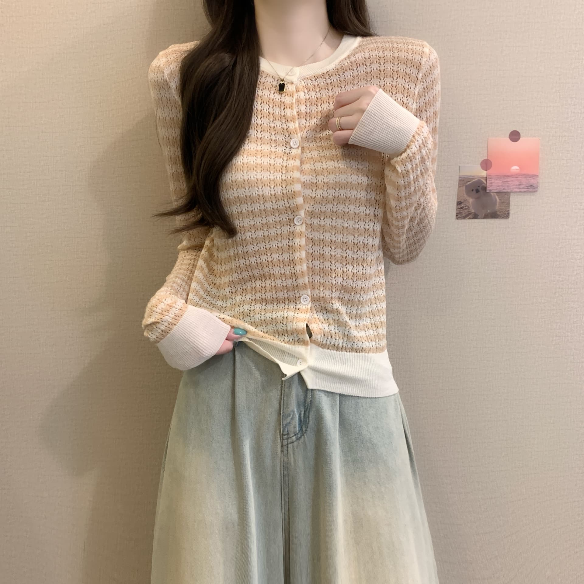 실사 정가 이른 가을 새로운 부드러운 바람 프로 피부 차가운 센스 라이 경기 서울 캐주얼 품격 슬림해 보이는 다용도 스트라이프 오픈 가디건 상세 이미지 10
