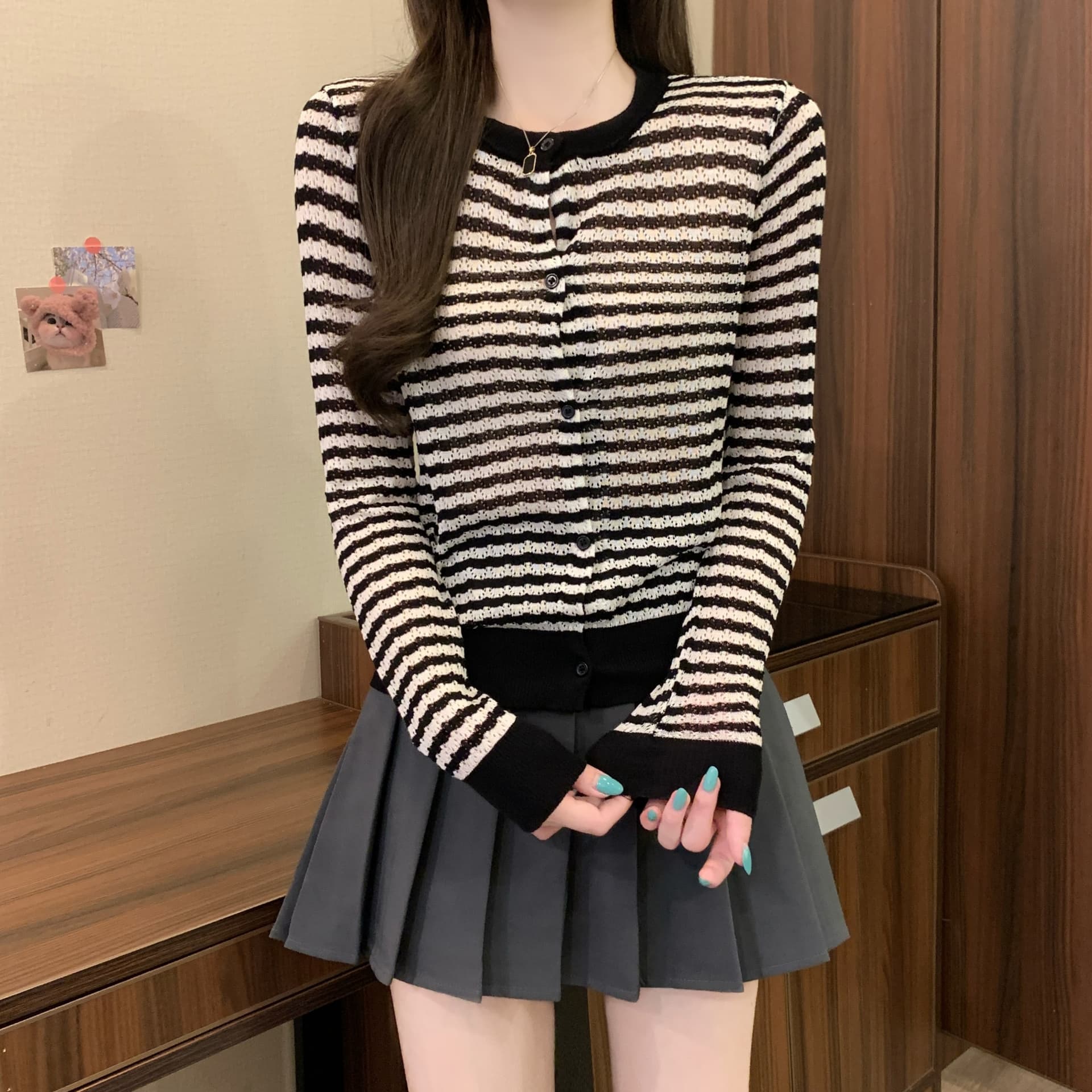 실사 정가 이른 가을 새로운 부드러운 바람 프로 피부 차가운 센스 라이 경기 서울 캐주얼 품격 슬림해 보이는 다용도 스트라이프 오픈 가디건 상세 이미지 18