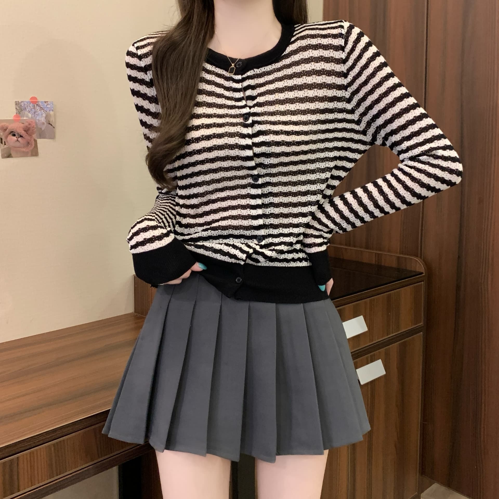 실사 정가 이른 가을 새로운 부드러운 바람 프로 피부 차가운 센스 라이 경기 서울 캐주얼 품격 슬림해 보이는 다용도 스트라이프 오픈 가디건 상세 이미지 19