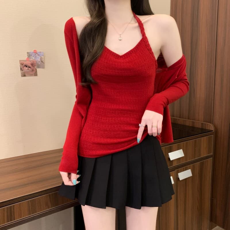 실사 정가 이른 가을 새로운 한 부서 부드러운 슬림해 보이는 꽈배기 행침 목 조끼 단색 오픈 가디건 투피스 세트 세트 이미지 3