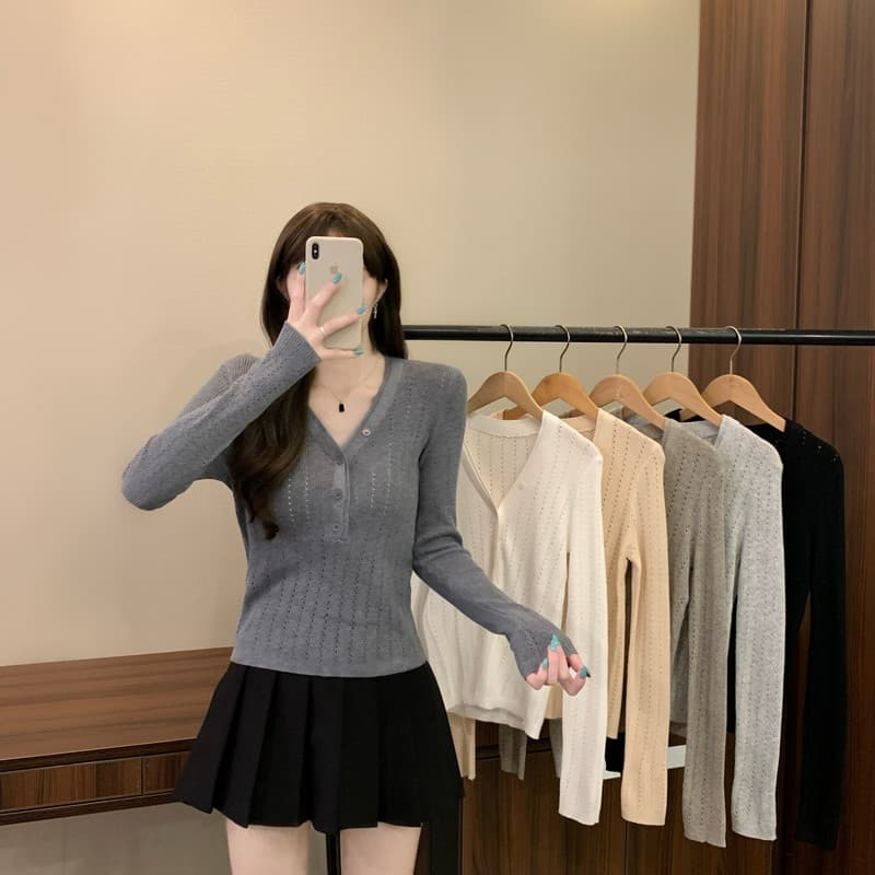 실사 정가 이른 가을 새로운 익스트림 제인 그냥 필요 부서 버클 디자인 센스 V넥 다용도 몸매 가꾸기 슬림해 보이는 긴팔 니트 스웨터 상세 이미지 2