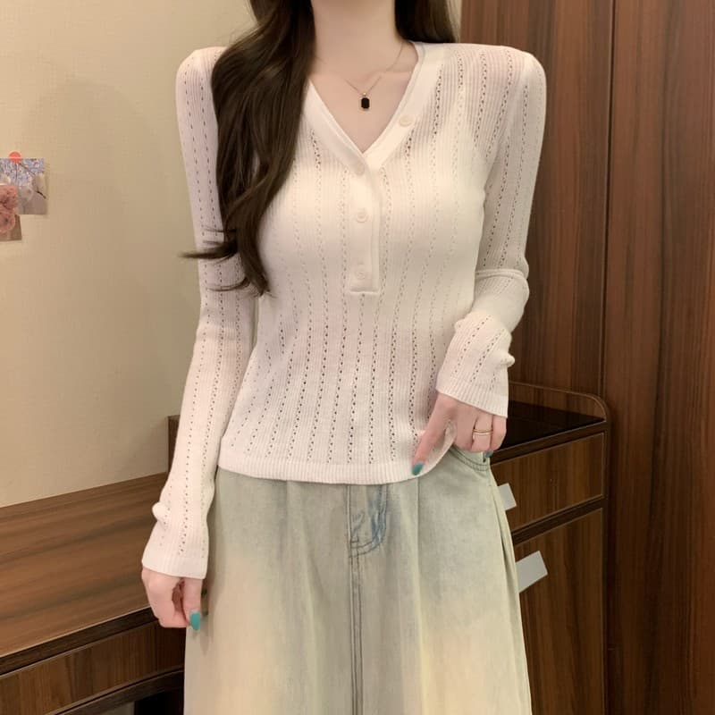 실사 정가 이른 가을 새로운 익스트림 제인 그냥 필요 부서 버클 디자인 센스 V넥 다용도 몸매 가꾸기 슬림해 보이는 긴팔 니트 스웨터 상세 이미지 5