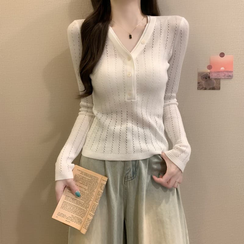 실사 정가 이른 가을 새로운 익스트림 제인 그냥 필요 부서 버클 디자인 센스 V넥 다용도 몸매 가꾸기 슬림해 보이는 긴팔 니트 스웨터 상세 이미지 9