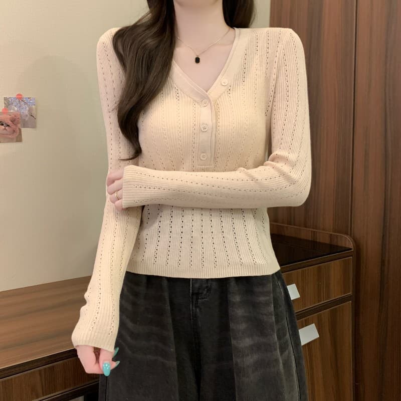 실사 정가 이른 가을 새로운 익스트림 제인 그냥 필요 부서 버클 디자인 센스 V넥 다용도 몸매 가꾸기 슬림해 보이는 긴팔 니트 스웨터 상세 이미지 11