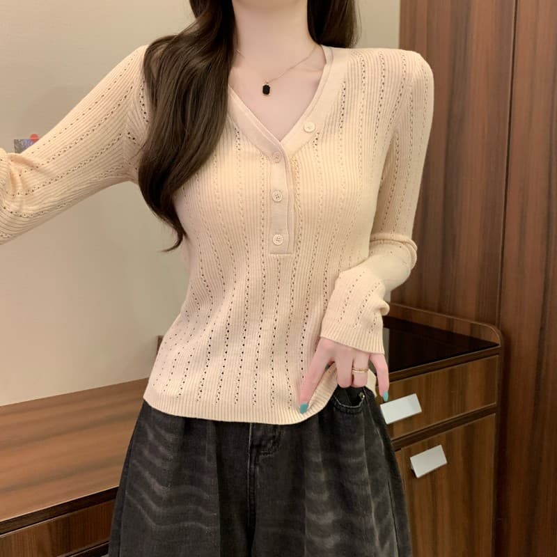 실사 정가 이른 가을 새로운 익스트림 제인 그냥 필요 부서 버클 디자인 센스 V넥 다용도 몸매 가꾸기 슬림해 보이는 긴팔 니트 스웨터 상세 이미지 13