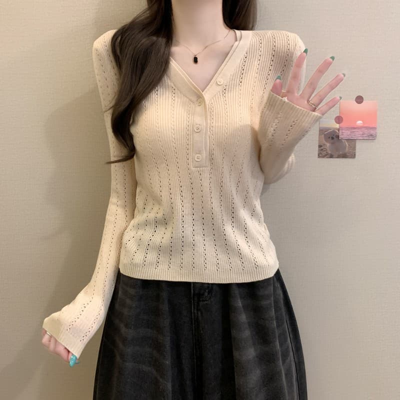 실사 정가 이른 가을 새로운 익스트림 제인 그냥 필요 부서 버클 디자인 센스 V넥 다용도 몸매 가꾸기 슬림해 보이는 긴팔 니트 스웨터 상세 이미지 15