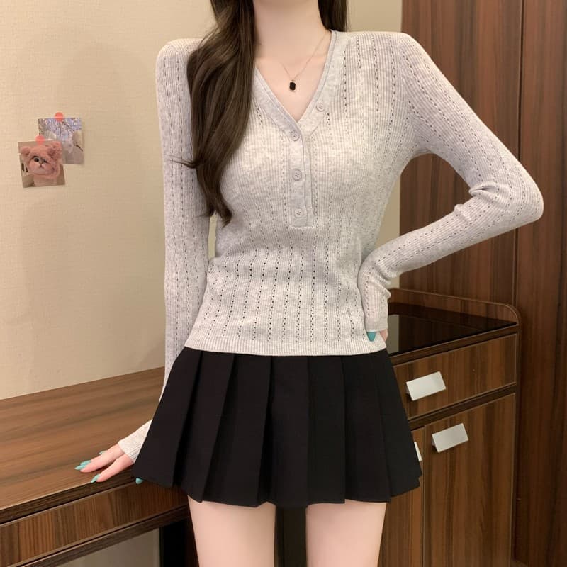 실사 정가 이른 가을 새로운 익스트림 제인 그냥 필요 부서 버클 디자인 센스 V넥 다용도 몸매 가꾸기 슬림해 보이는 긴팔 니트 스웨터 상세 이미지 16