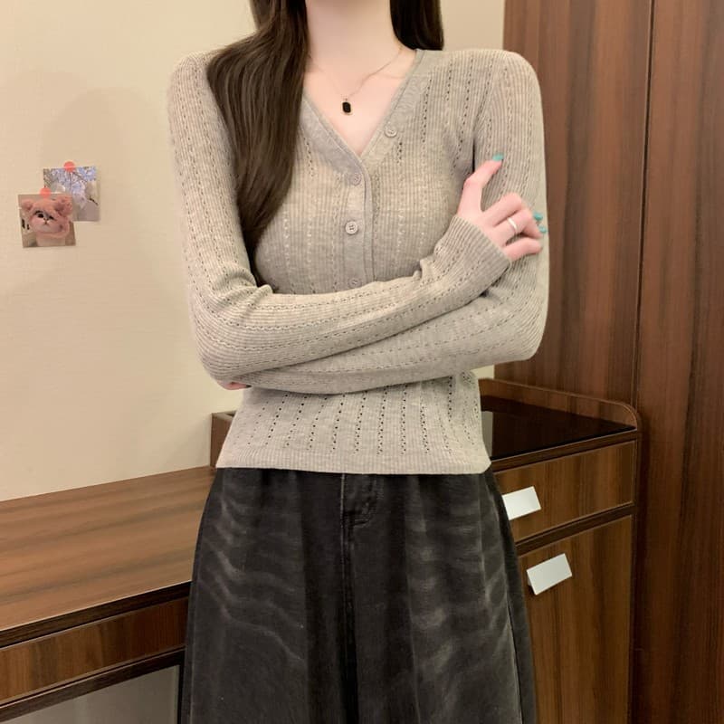 실사 정가 이른 가을 새로운 익스트림 제인 그냥 필요 부서 버클 디자인 센스 V넥 다용도 몸매 가꾸기 슬림해 보이는 긴팔 니트 스웨터 상세 이미지 26