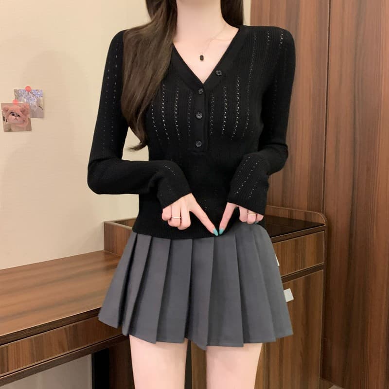 실사 정가 이른 가을 새로운 익스트림 제인 그냥 필요 부서 버클 디자인 센스 V넥 다용도 몸매 가꾸기 슬림해 보이는 긴팔 니트 스웨터 상세 이미지 31