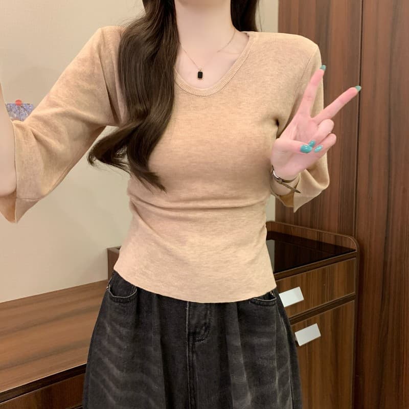 실사 정가 이른 가을 새로운 한국 스타일 미니멀리즘 패션 u 칼라 7부 소매 몸매 가꾸기 허리 수축 슬림해 보이는 다용도 니트 스웨터 상세 이미지 11