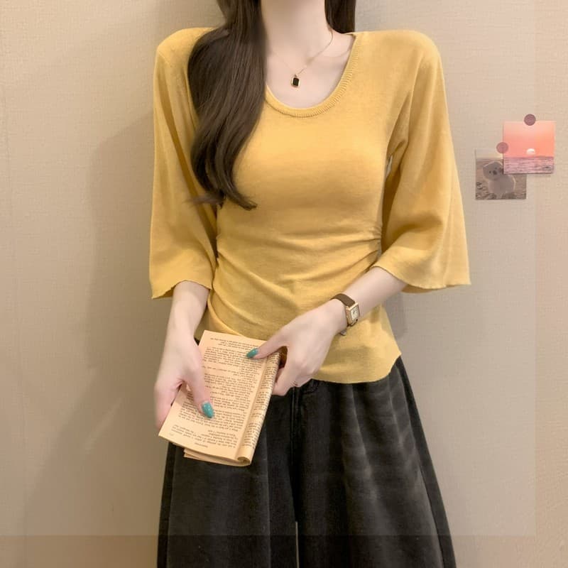 실사 정가 이른 가을 새로운 한국 스타일 미니멀리즘 패션 u 칼라 7부 소매 몸매 가꾸기 허리 수축 슬림해 보이는 다용도 니트 스웨터 상세 이미지 19