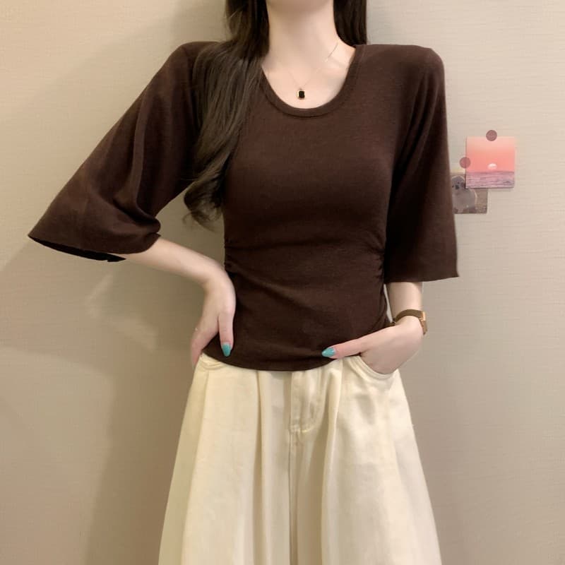 실사 정가 이른 가을 새로운 한국 스타일 미니멀리즘 패션 u 칼라 7부 소매 몸매 가꾸기 허리 수축 슬림해 보이는 다용도 니트 스웨터 상세 이미지 28