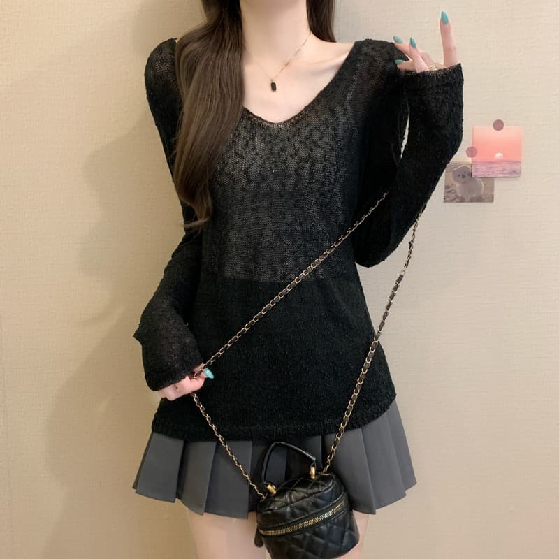 실사 정가 이른 가을 새로운 한국 스타일 홀로우 아웃 금사 질감 마이크로 ~을 통해 루즈핏 가을 어깨 V넥 긴팔 니트 맨위 이미지 3