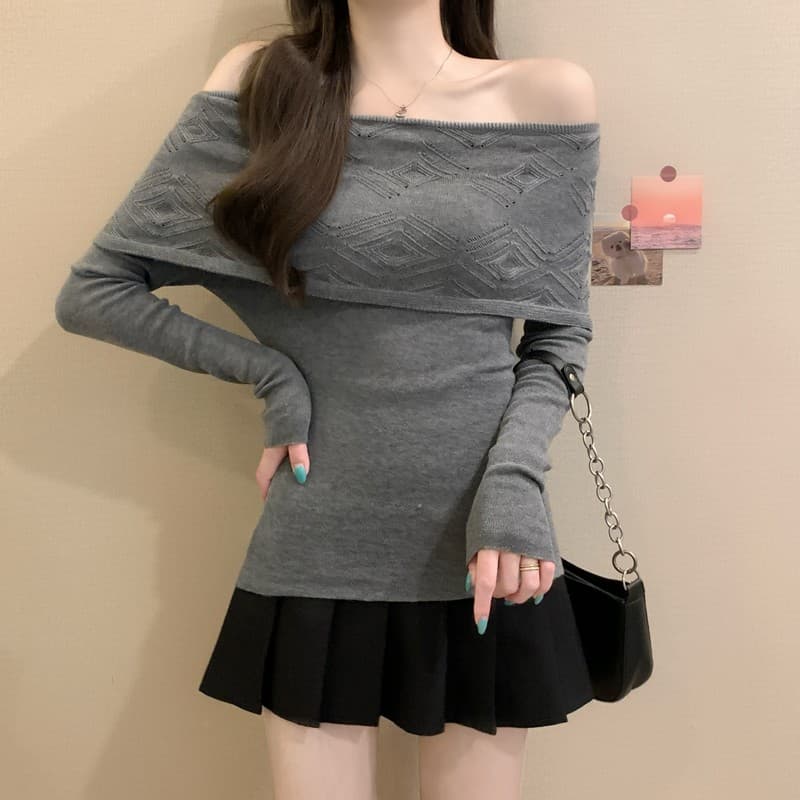 실사 정가 이른 가을 새로운 한국 스타일 미니멀리즘 패션 자카드 오프숄더 몸매 가꾸기 슬림해 보이는 패션 부드러운 니트 스웨터 이미지 4