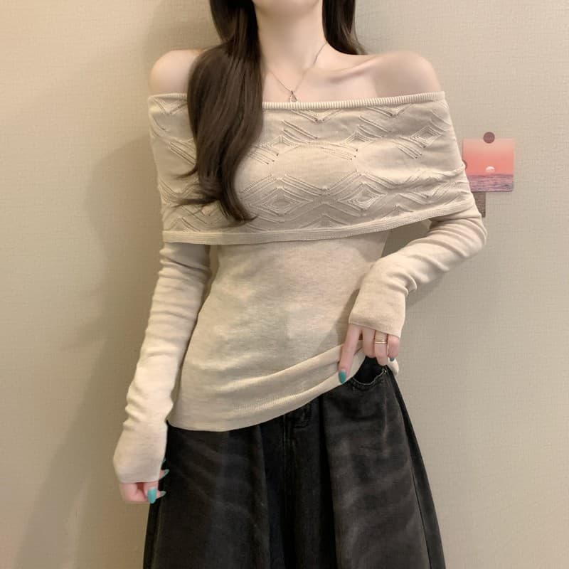 실사 정가 이른 가을 새로운 한국 스타일 미니멀리즘 패션 자카드 오프숄더 몸매 가꾸기 슬림해 보이는 패션 부드러운 니트 스웨터 상세 이미지 9