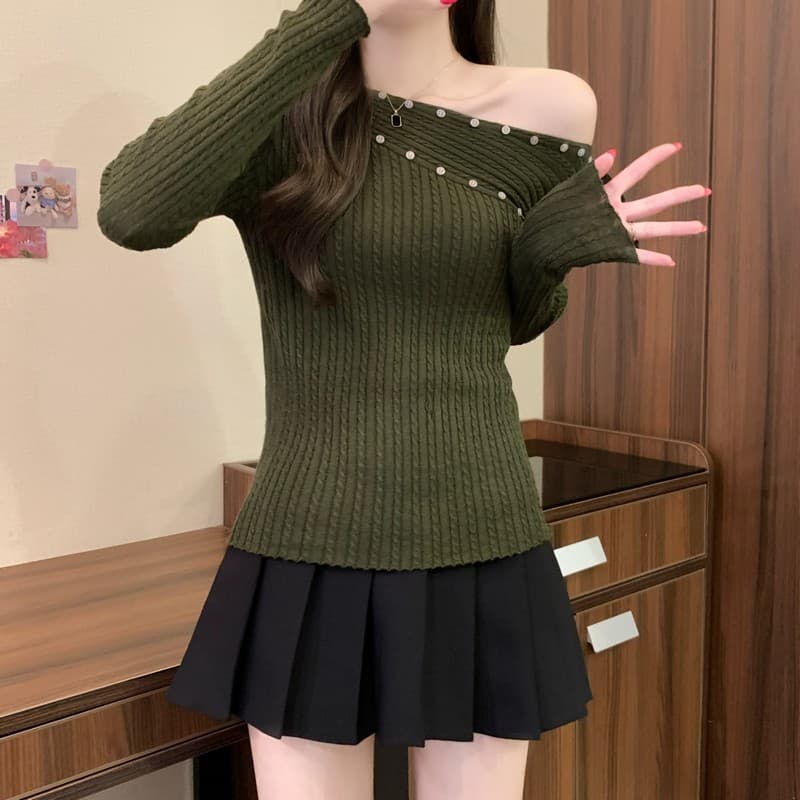 실사 정가 이른 가을 새로운 핫걸 비스듬한 어깨 꽈배기 오프숄더 몸매 가꾸기 슬림해 보이는 다용도 품격 패션 니트 맨위 이미지 4