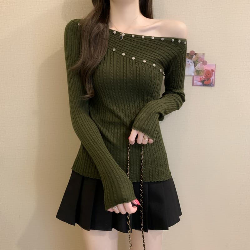 실사 정가 이른 가을 새로운 핫걸 비스듬한 어깨 꽈배기 오프숄더 몸매 가꾸기 슬림해 보이는 다용도 품격 패션 니트 맨위 상세 이미지 13