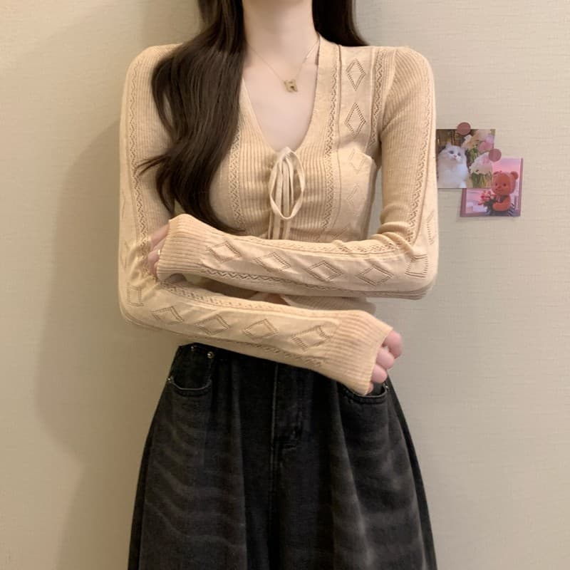 실사 정가 이른 가을 새로운 한국 스타일 양모 나비 넥타이 홀로우 아웃 몸매 가꾸기 슬림해 보이는 긴팔 디자인 센스 맨위 이미지 2