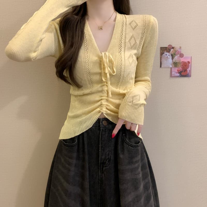 실사 정가 이른 가을 새로운 한국 스타일 양모 나비 넥타이 홀로우 아웃 몸매 가꾸기 슬림해 보이는 긴팔 디자인 센스 맨위 상세 이미지 8