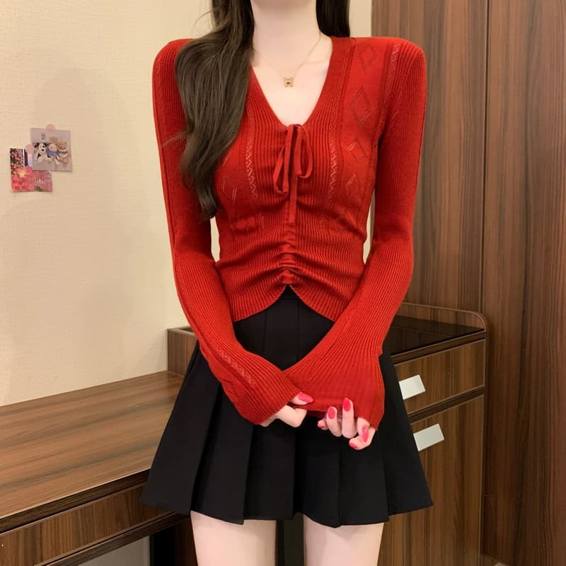 실사 정가 이른 가을 새로운 한국 스타일 양모 나비 넥타이 홀로우 아웃 몸매 가꾸기 슬림해 보이는 긴팔 디자인 센스 맨위 상세 이미지 15