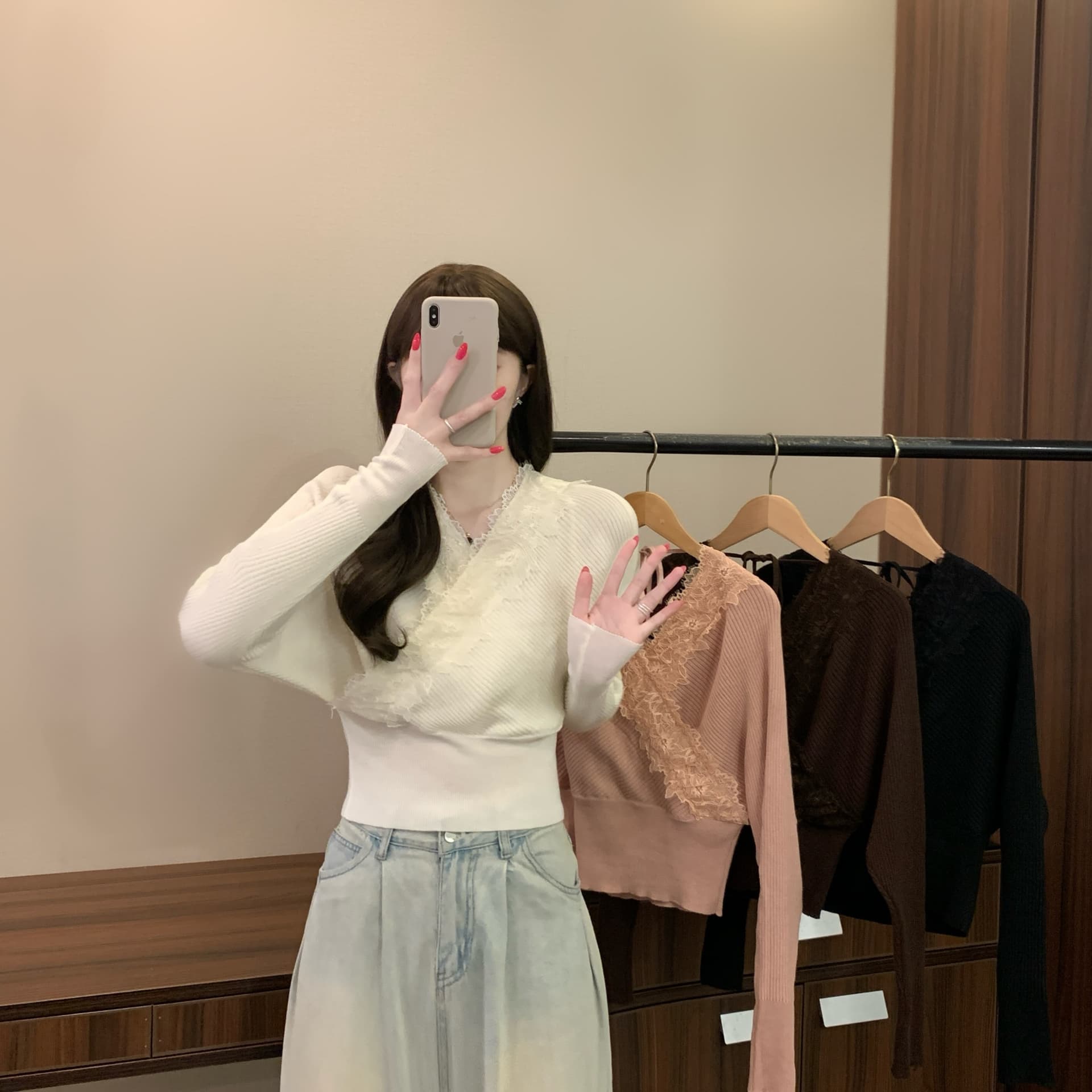 실사 정가 이른 가을 새로운 한국 스타일 십자가 V넥 철자 레이스 슬림해 보이는 다용도 품격 배트윙 소매 니트 스웨터 상세 이미지 1