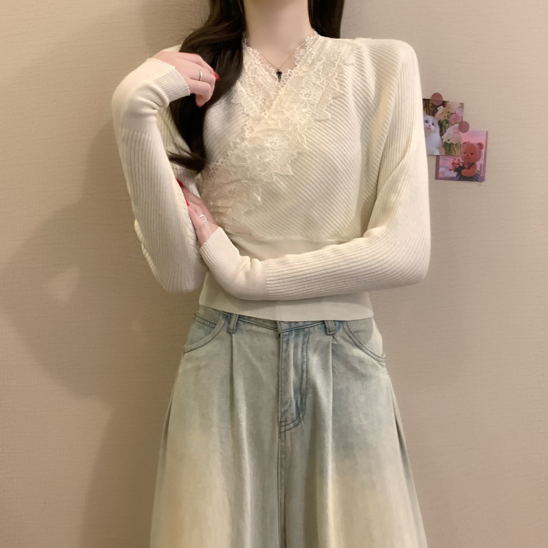 실사 정가 이른 가을 새로운 한국 스타일 십자가 V넥 철자 레이스 슬림해 보이는 다용도 품격 배트윙 소매 니트 스웨터 상세 이미지 9