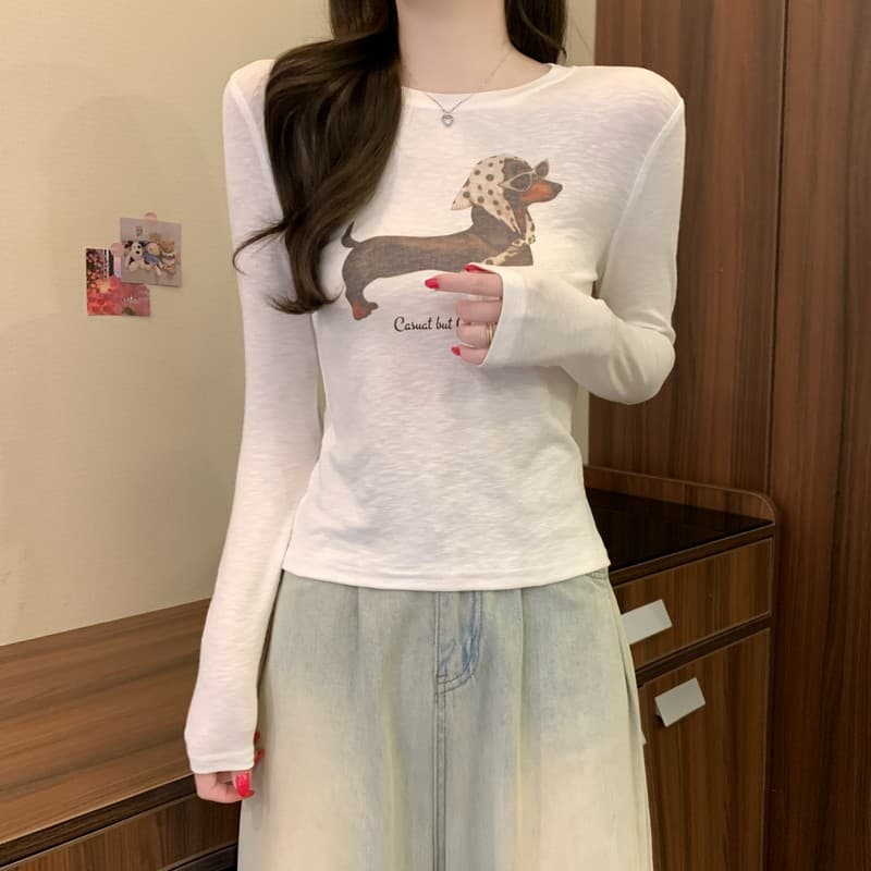 실사 정가 이른 가을 새로운 한국 스타일 라운드 넥 프린트 만화 닥스 훈트 다용도 몸매 가꾸기 슬림해 보이는 쇼트 스타일 맨위 상세 이미지 7
