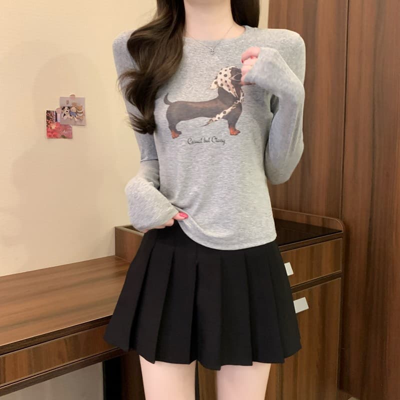 실사 정가 이른 가을 새로운 한국 스타일 라운드 넥 프린트 만화 닥스 훈트 다용도 몸매 가꾸기 슬림해 보이는 쇼트 스타일 맨위 상세 이미지 11