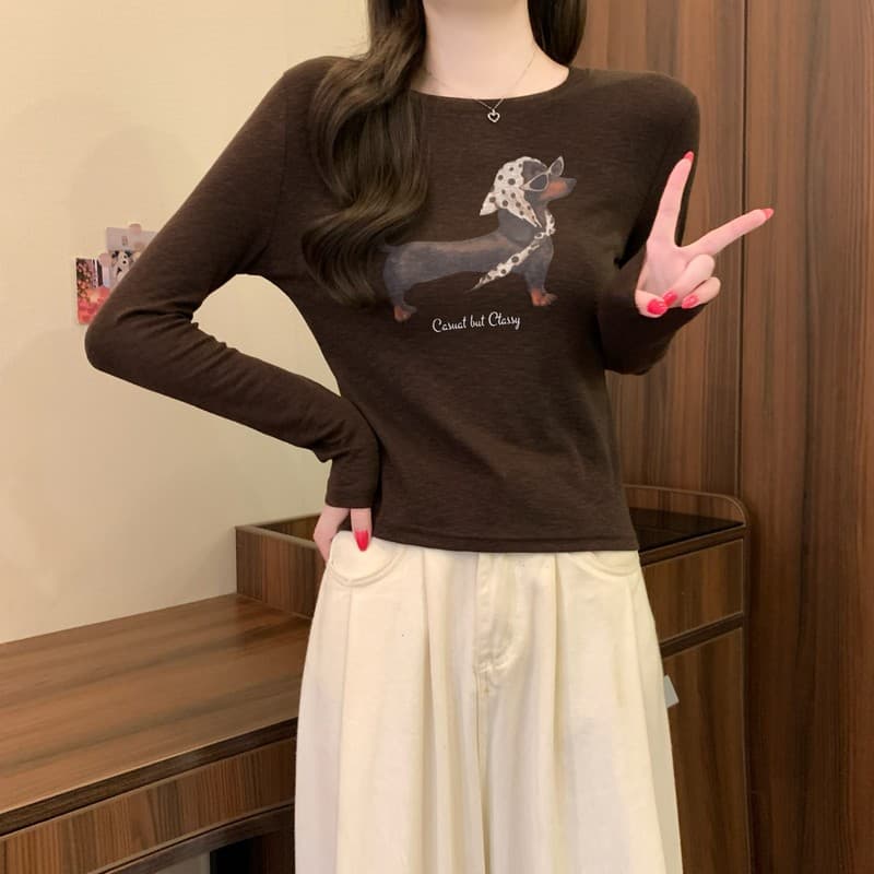 실사 정가 이른 가을 새로운 한국 스타일 라운드 넥 프린트 만화 닥스 훈트 다용도 몸매 가꾸기 슬림해 보이는 쇼트 스타일 맨위 상세 이미지 23