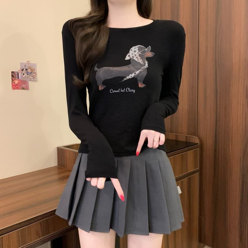 실사 정가 이른 가을 새로운 한국 스타일 라운드 넥 프린트 만화 닥스 훈트 다용도 몸매 가꾸기 슬림해 보이는 쇼트 스타일 맨위 상세 이미지 29