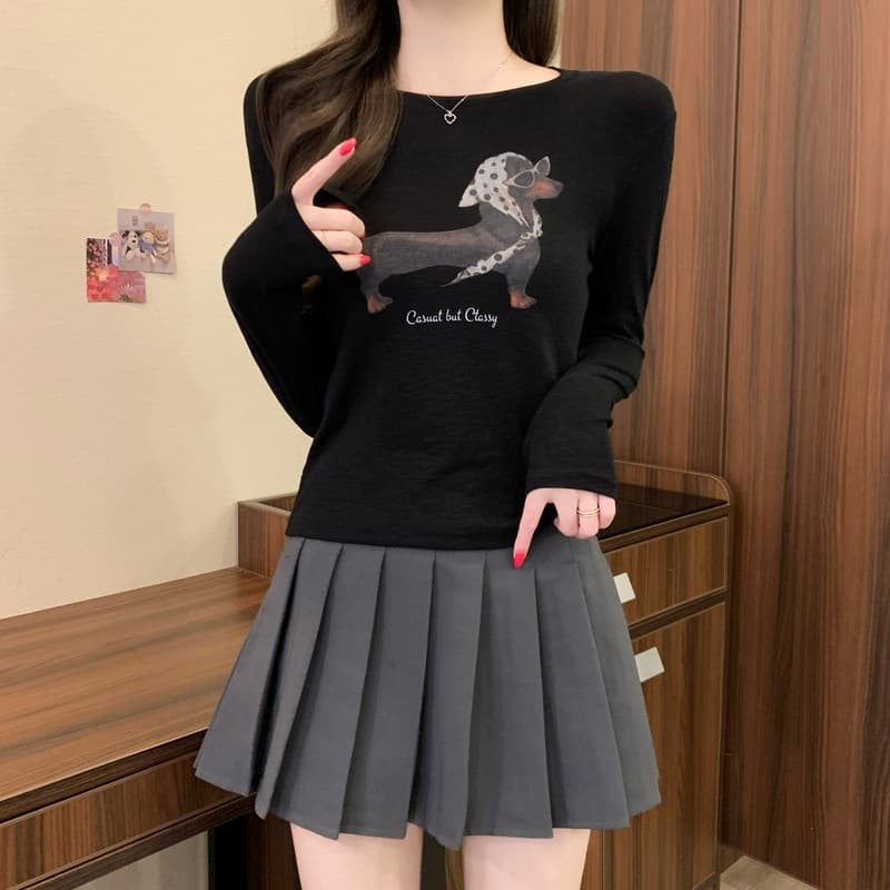 실사 정가 이른 가을 새로운 한국 스타일 라운드 넥 프린트 만화 닥스 훈트 다용도 몸매 가꾸기 슬림해 보이는 쇼트 스타일 맨위 상세 이미지 30